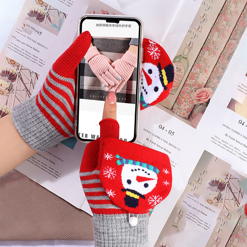 Guantes de Navidad invierno de las mujeres de medio dedo Flip a prueba de frío caliente de punto de lana de dibujos animados lindo dedo abierto estudiante al por mayor