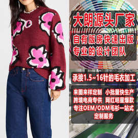 大朗毛衣加工厂小批量定做 春秋欧美装圆领套头长袖印花针织衫 女