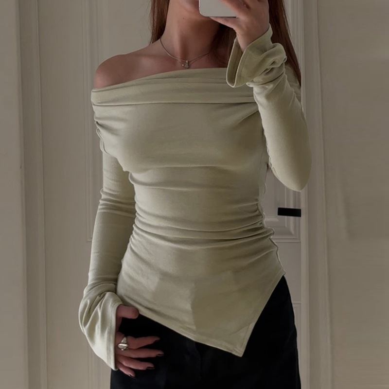 跨境欧美风女装秋季新品时尚街头风褶皱收腰显瘦不规则T恤上衣