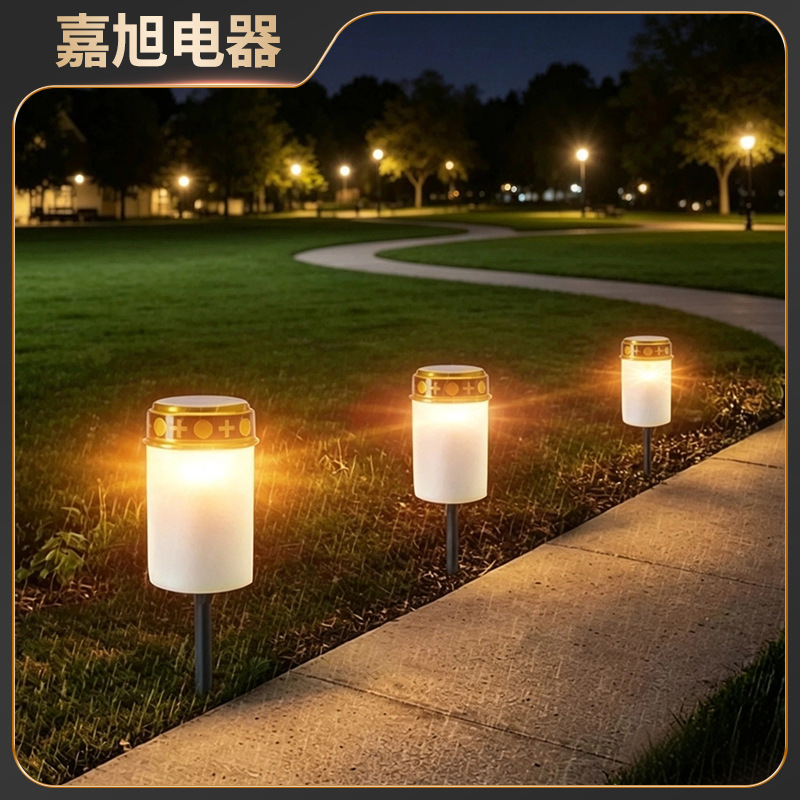Solar-powered cemetery candles, lawn lights for memorial services, eternal flame lights for graves, Halloween garden decorations, and landscape lighting