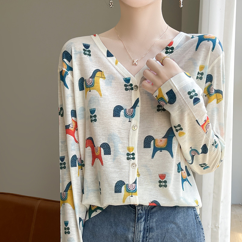 Comfortable Soft Water-Soluble Wool Long-Sleeved Cardigan V Neck Single-Breasted Ink Smudged Painting Design Technology Tencel Outer Wear