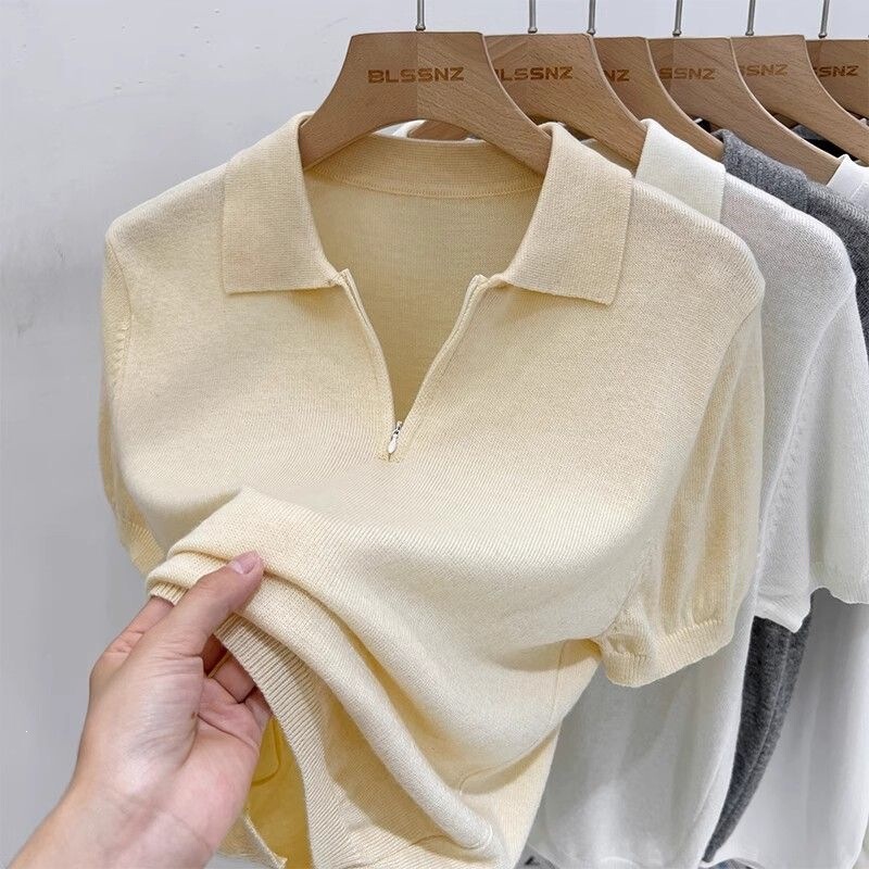Polo Collar Short-Sleeve Women's Thin Knit Top, 2026 Summer New Stylish Design, Niche Half-Zip Knit Shirt for Women