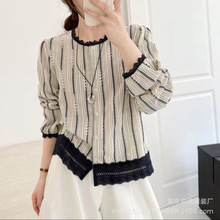 复古文艺风竖条纹麻料上衣女2025秋季新款设计感宽松长袖衬衫潮I6