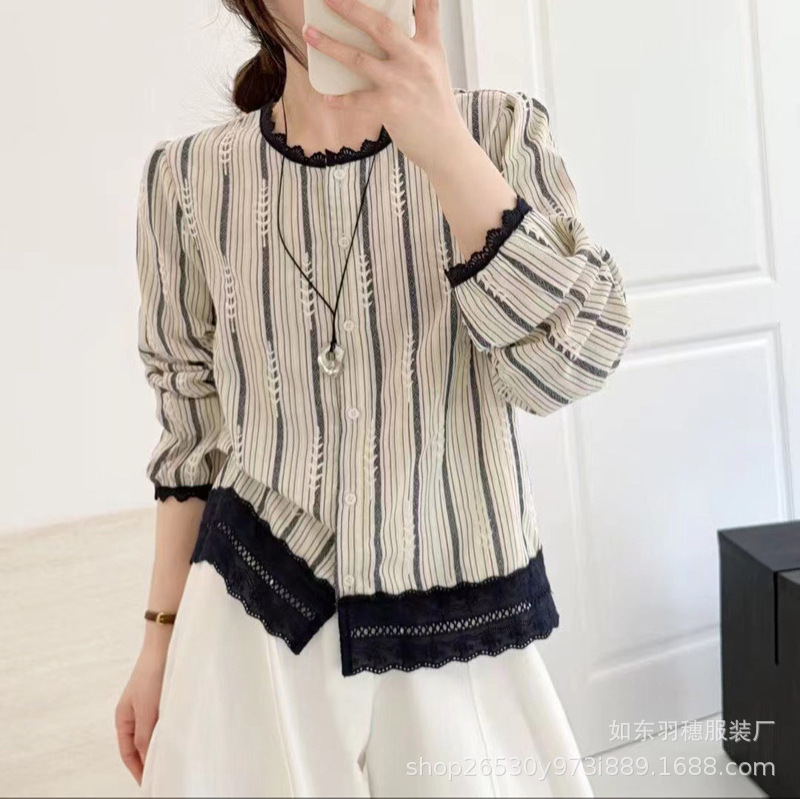 复古文艺风竖条纹麻料上衣女2025秋季新款设计感宽松长袖衬衫潮I6