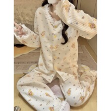 空气棉夹层睡衣女秋冬季甜美卡通花边长袖长裤宽松保暖家居服套装