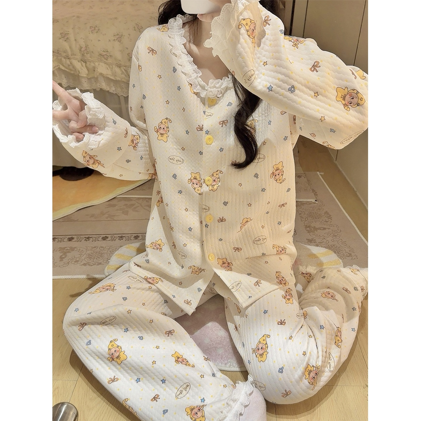 空气棉夹层睡衣女秋冬季甜美卡通花边长袖长裤宽松保暖家居服套装