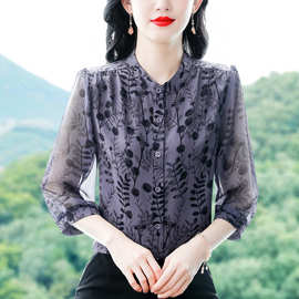 专柜桑蚕丝衬衫女2025新款气质优雅百搭中年妈妈显瘦印花衬衣批发
