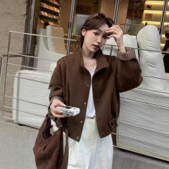 韩版毛呢立领长袖显瘦外套女2025秋季新款时尚百搭腰带夹克上衣