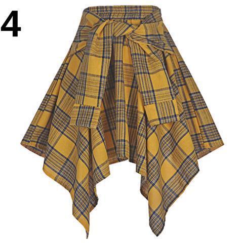 Relaxed waist grid irregular quadrilateral midi skirt with ties and bowknot, sporty street dance style for women