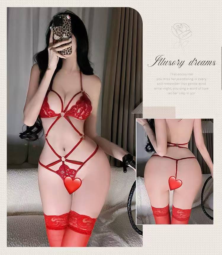 Lace Three-Point Bra Lingerie Set with Black Stockings, Polyester, One Size — detail image 13