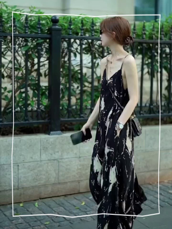 Đầm maxi hai dây dáng dài phong cách Pháp Hepburn che bụng thon gọn mùa hè — Màu đen chi tiết 2