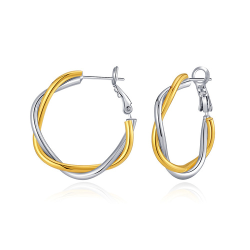 European and American gold and silver color-blocking design-style personalized earrings, 18K genuine gold-plated niche metal texture twisted cross earrings