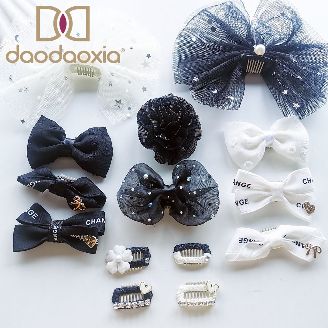 Xiaoxiangfeng Hair Accessories Black And White Classic Lace Pet Clip Baby Hair BBClip Bow Cat And Dog Universal Hair Clip