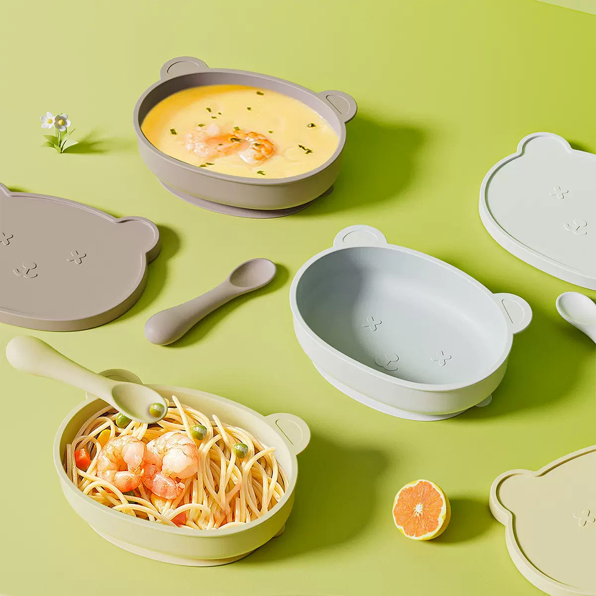韩国宝宝硅胶辅食碗卡通带盖小熊碗儿童防摔一体式吸盘碗喂养餐具