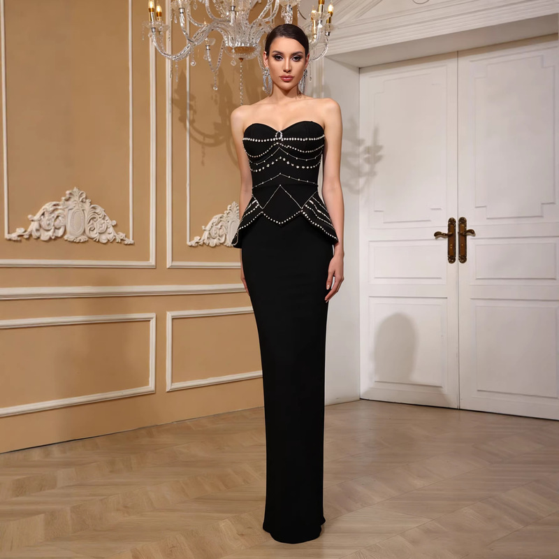 European and American Cross-Border Strapless Bandage Dress with Ruffles, Chain Skirt, High Slit, Sequined Evening Gown, Red Carpet Dress