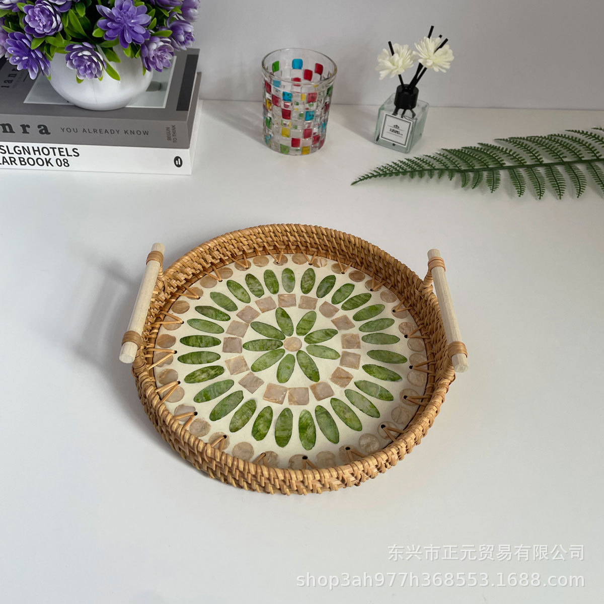 Vietnam ratán tejido Shell bandeja color Shell tejido merienda cesta de almacenamiento merienda bandeja fruta pan té bandeja