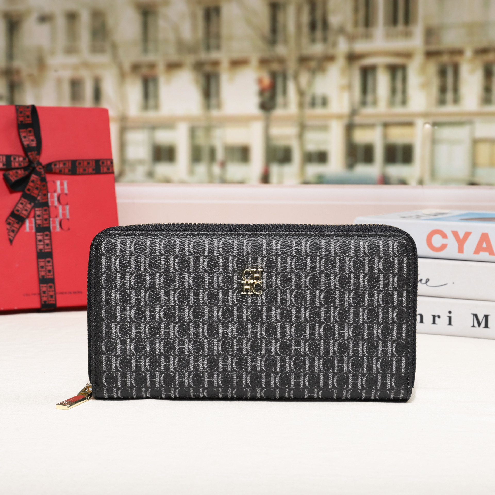 CHHC nuevo bolso 2025 moda femenina billetera con cremallera clásica textura real bolso largo unisex