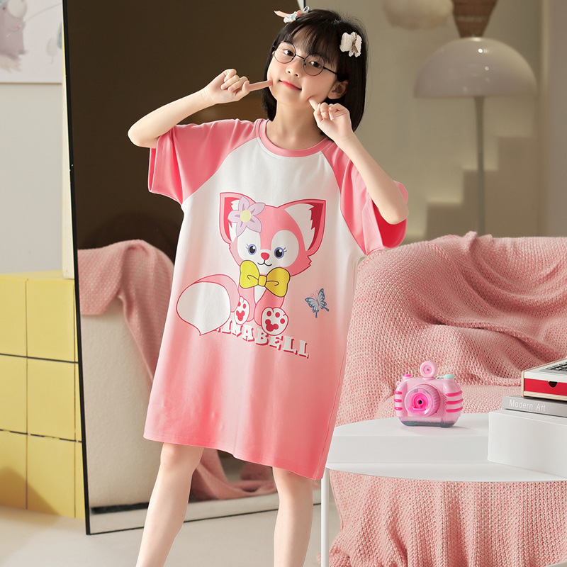 Children's Summer Cotton Short Sleeve Thin Cartoon Cute Princess Sleepwear for Girls (Small to Medium Size) Loose Sleep Dress Home Clothes