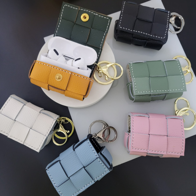 New Design Leather Braided Headphone Bag Korean Style AirPods Pure Color Headphone Leather Case Bag Pendant Accessories