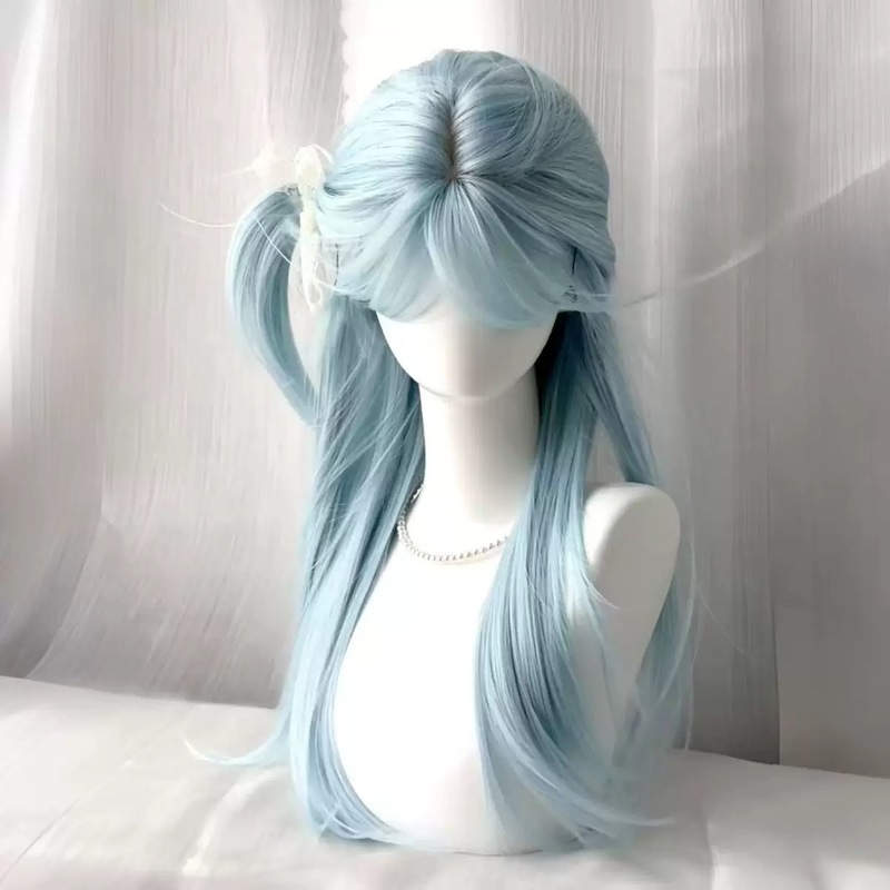 [Light Cream Blue] Wig Women's Long Straight Hair with Straight Bangs Light Blue Simulation Hair Natural Full Top Full Head Cover