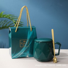 创意北欧陶瓷杯子简约水杯牛奶咖啡杯马克杯带盖勺钻石情侣喝水杯