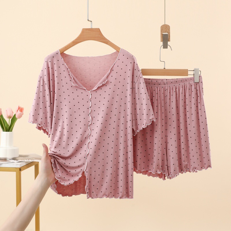 Modal Polka Dot Ruffle Short-Sleeve T-Shirt and Shorts Set for Women, Summer Plus-Size Loose Pajamas, Polka Dot Loungewear Modal Polka Dot Ruffle Short-Sleeve T-Shirt and Shorts Set for Women, Summer Plus-Size Loose Pajamas, Polka Dot Loungewear
