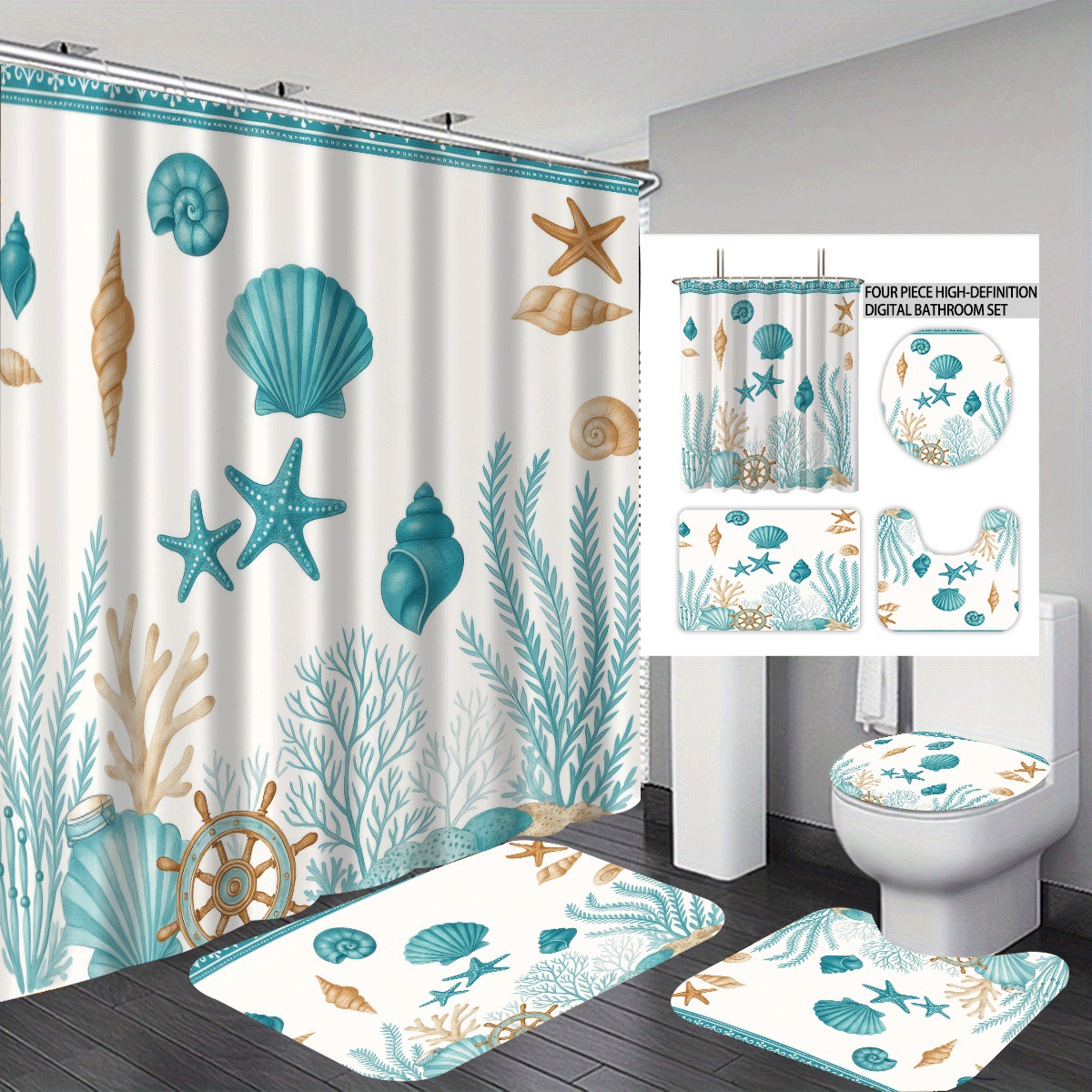 Temu cortina de baño impermeable personalizada serie de elementos marinos 3D impresión poliéster cortina de baño de cuatro piezas fábrica image 10