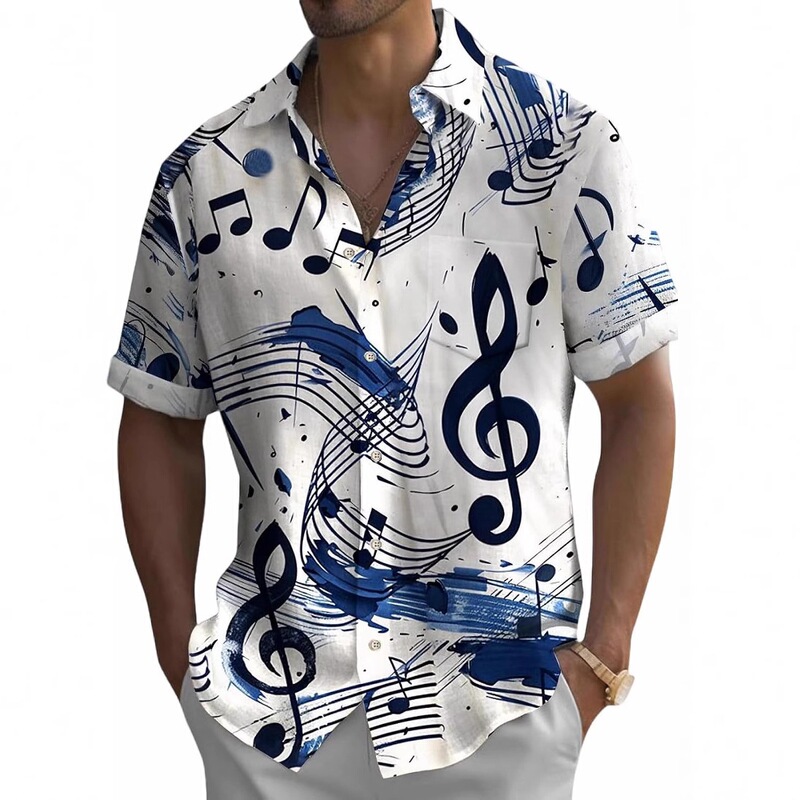 Men's Music-Themed Shirt Hawaiian Bowling Retro Print Short-Sleeve Casual Button-Up Beach High-Neck Shirt in Stock Men's Music-Themed Shirt Hawaiian Bowling Retro Print Short-Sleeve Casual Button-Up Beach High-Neck Shirt in Stock