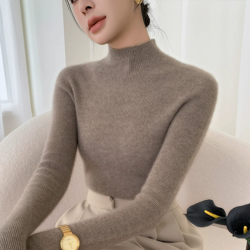 Осенне-Зимний новый шерстяной свитер в полоску с высоким воротом, Женская приталенная кашемировая вязаная Базовая рубашка, приталенная, элегантный универсальный свитер