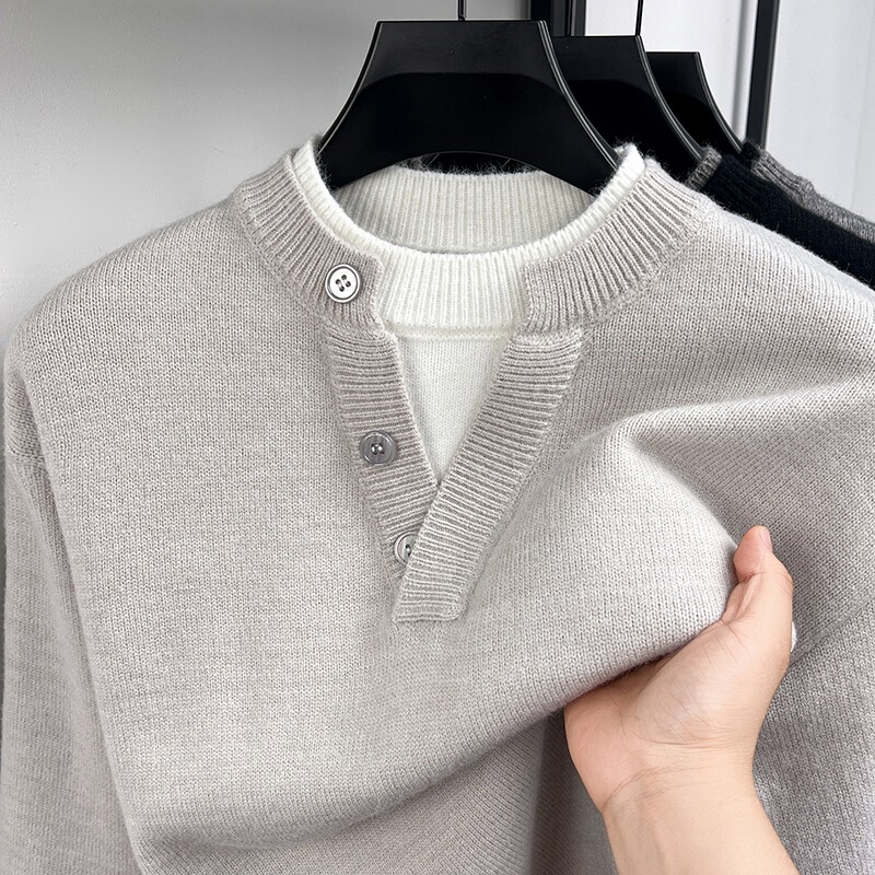 Best-selling main product: Thickened 700g chunky knit sweater with faux two-piece collar, casual thickened knitwear for men
