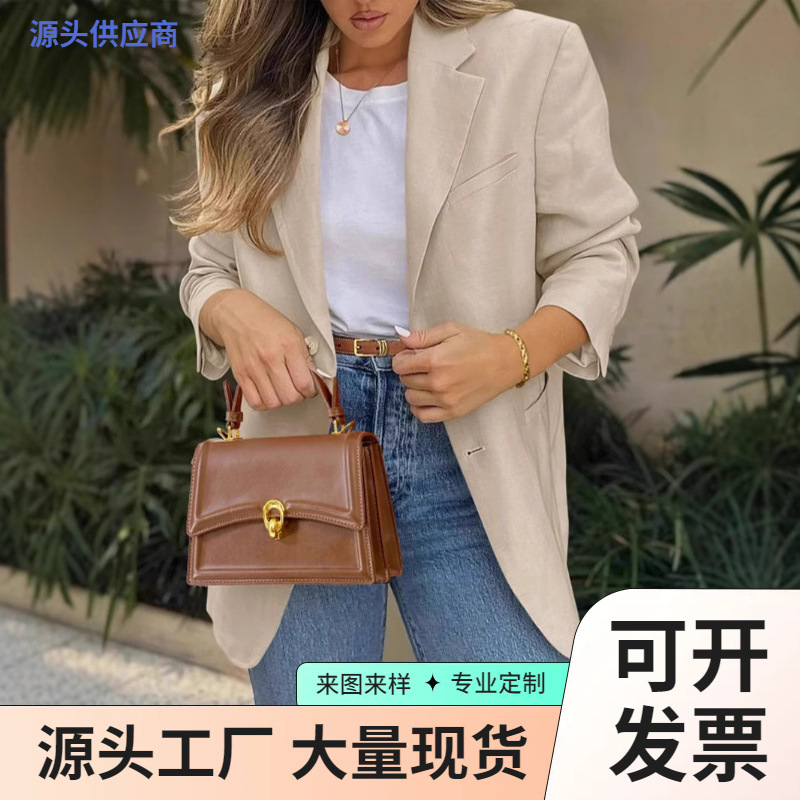 2025新款欧美女装英伦风休闲长袖外套宽松显瘦气质小西服女装工厂