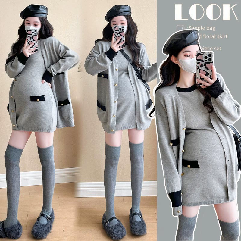 Реальный снимок беременной осенней одежды способный темперамент маленький ароматный ветер продвинутый трикотажный кардиган набор подтяжки