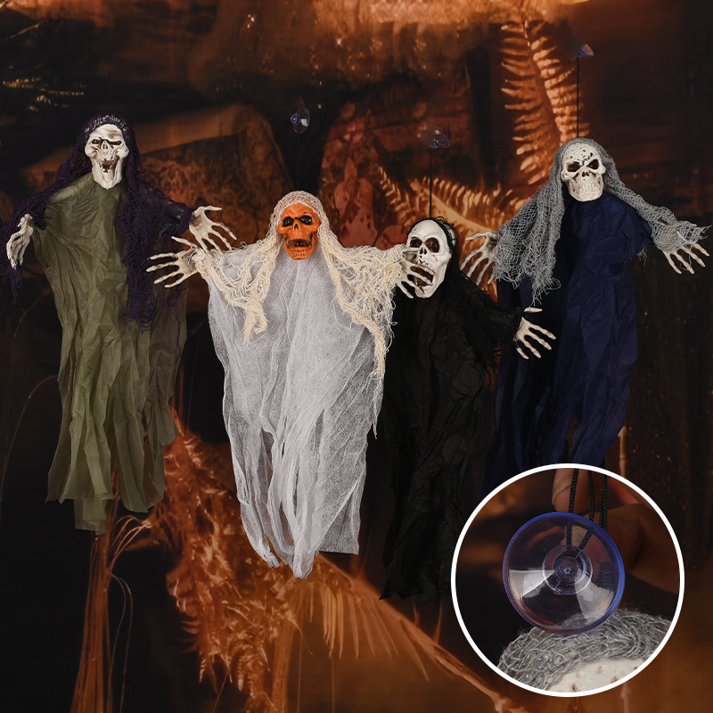 Fantasma de gasa y cráneo colgante (cuatro colores) - Decoración de Halloween y Festival de Fantasmas, con ventosa para colgar, arreglo de ambiente