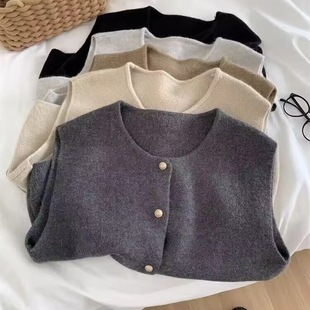 French-Style Retro Small Gold Button Round Neck Knitted Vest for Women, Loose Korean Versatile Gentle Slimming Spring and Autumn Layered Sweater