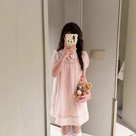 韩系甜妹风娃娃领泡泡袖花边连衣裙夏季减龄少女感蕾丝娃娃裙短裙