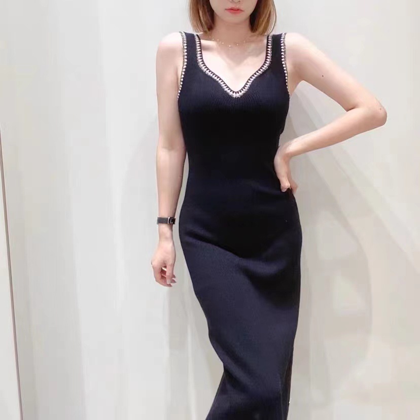 Elegant autumn black long sexy knitted dress sleevless
