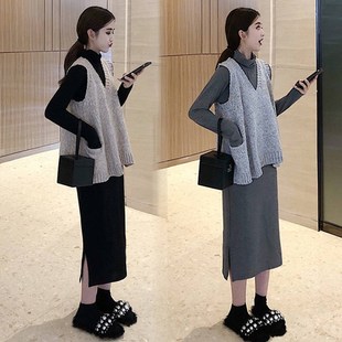 Maternity 2023 Spring and Autumn Long Dress French Yamamoto Skirt with Sweater Vest Two-piece Set Pregnant Women's dress