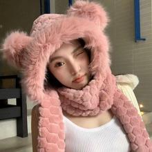 2025新款小熊三件套帽子秋冬围巾手套一体防寒骑车保暖神器毛绒帽