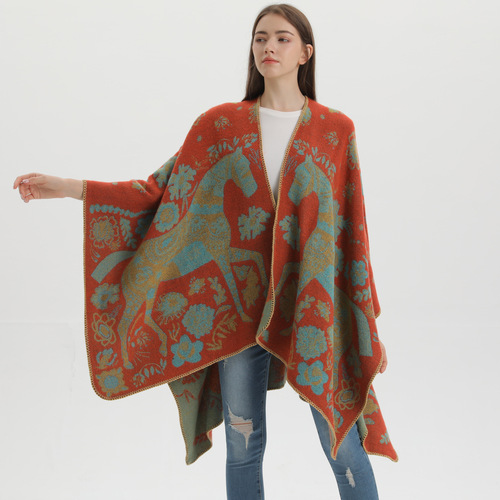 Cross-border foreign trade shawl for women, four seasons wear, faux cashmere split cloak, plus knitted outerwear, Amazon wholesale