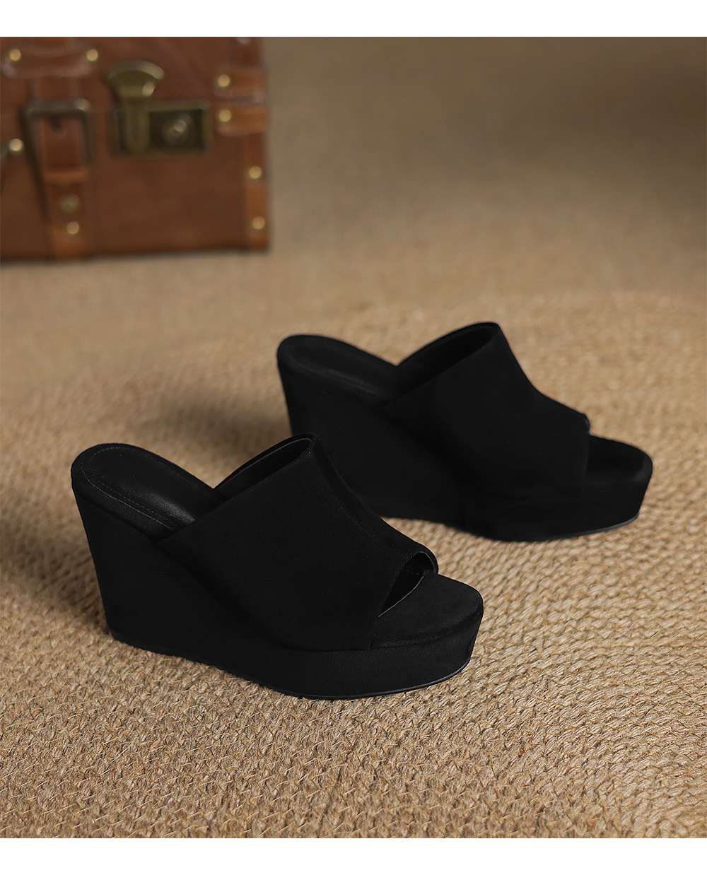 Sandal cao gót đế xuồng nữ hở mũi quai ngang gót 10 cm — Đen [da cừu] chi tiết 15