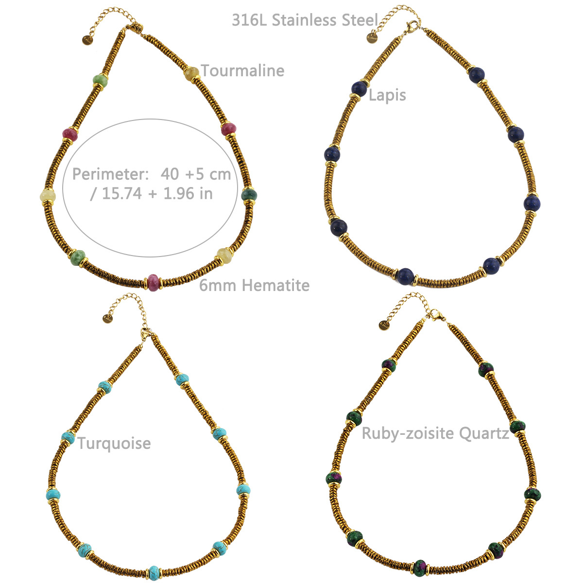 Geometric Pattern Retro Geometric 316L Stainless Steel Natural Stone Vacuum Plating Necklace In Bulk
