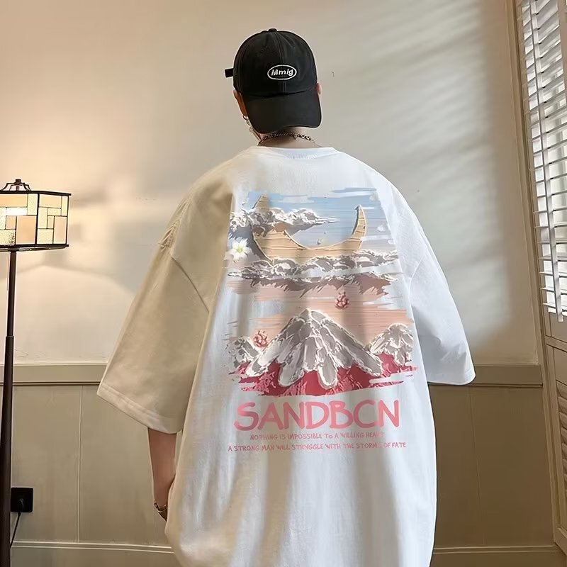 American Large Size Loose Short-Sleeved T-Shirt Men's Summer Trendy Brand Trendyy Youth Half-Sleeved Oversize 5-Point T-Shirt