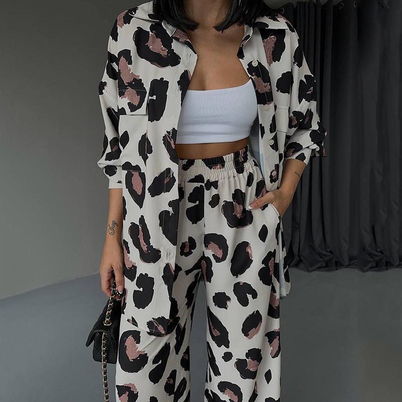 European and American Casual Fashion Casual Suit Export Women's Clothing 2023 New Printed Design Long-Sleeved Wide-Leg Pants Two-Piece Set