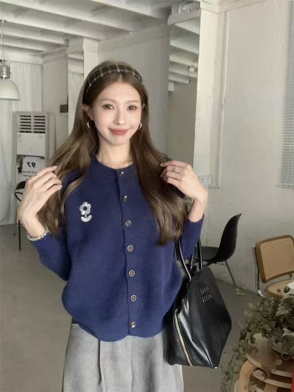 甜美花朵刺绣长袖针织开衫女夏季2025新款宽松休闲软糯毛衣外套潮|undefined