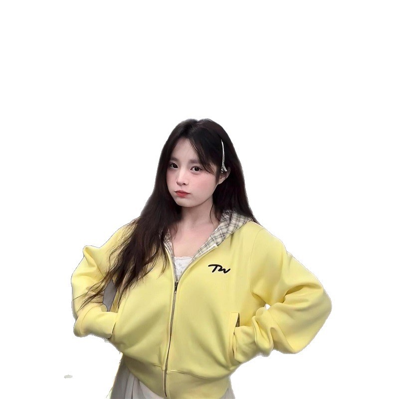 美式复古黄色卫衣女春秋新款设计感格子拼接百搭短款开衫外套上衣|undefined