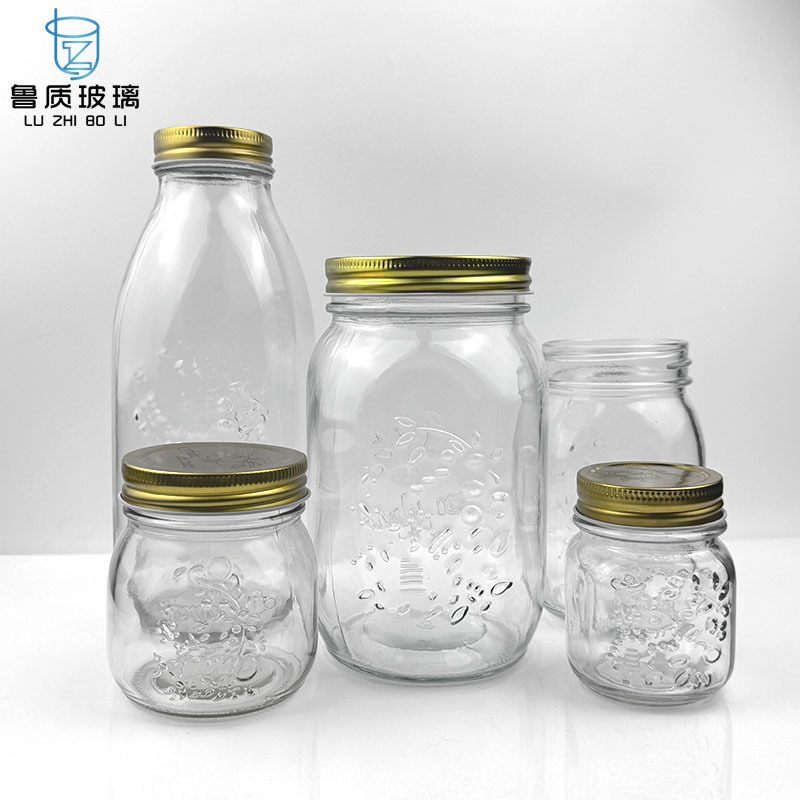 现货300ml雕花蜂蜜透明玻璃瓶500ml浮雕酱菜保鲜瓶厨房杂粮分装瓶