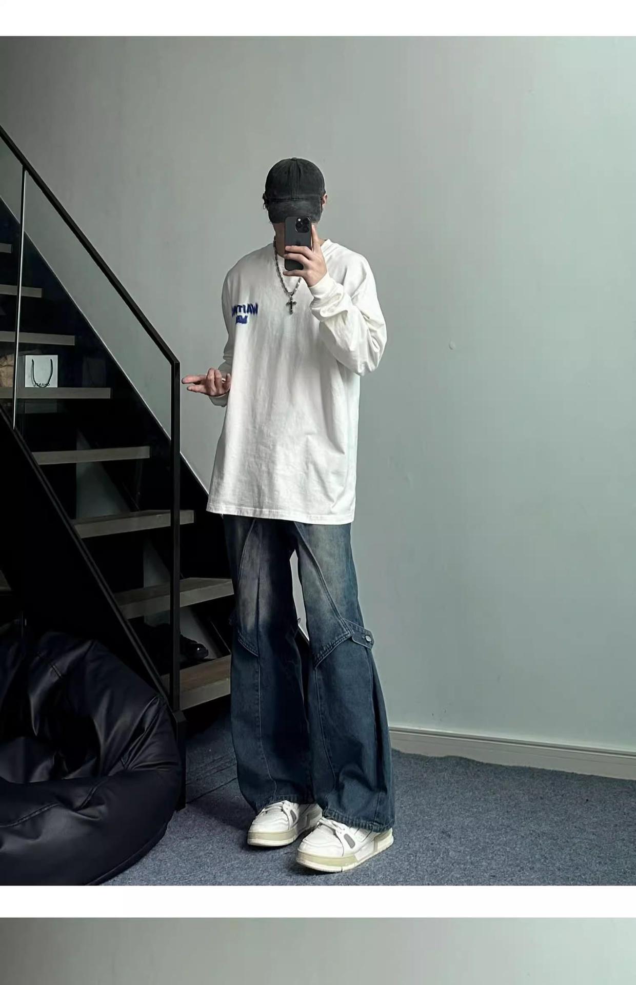 boy Black Cargo Jeans For Men, Design Sense Deconstructed Pants, European And American High Street Tall Flared Pants_voghion.com