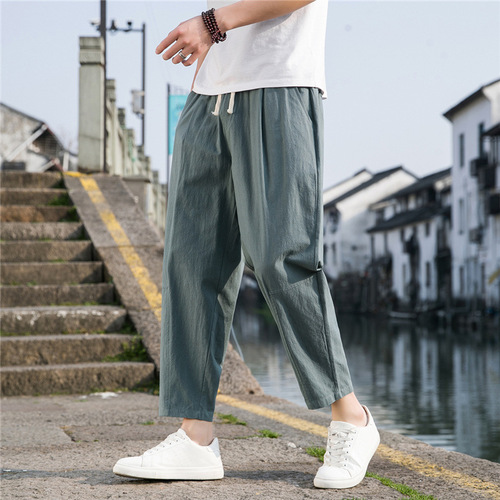 New Chinese-style cotton and linen pants for men, summer thin loose wide-leg pants, cotton and linen and harem casual pants, simple quarter pants for men