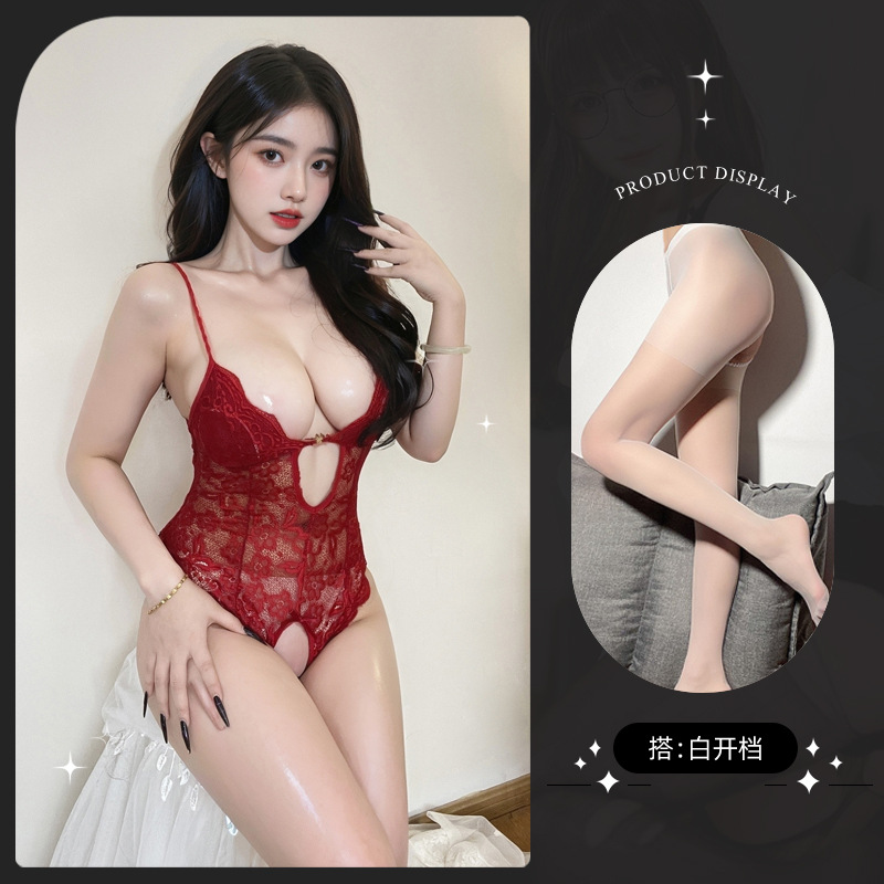 8842 와인색 + 흰색 오픈 크로치 스타킹
