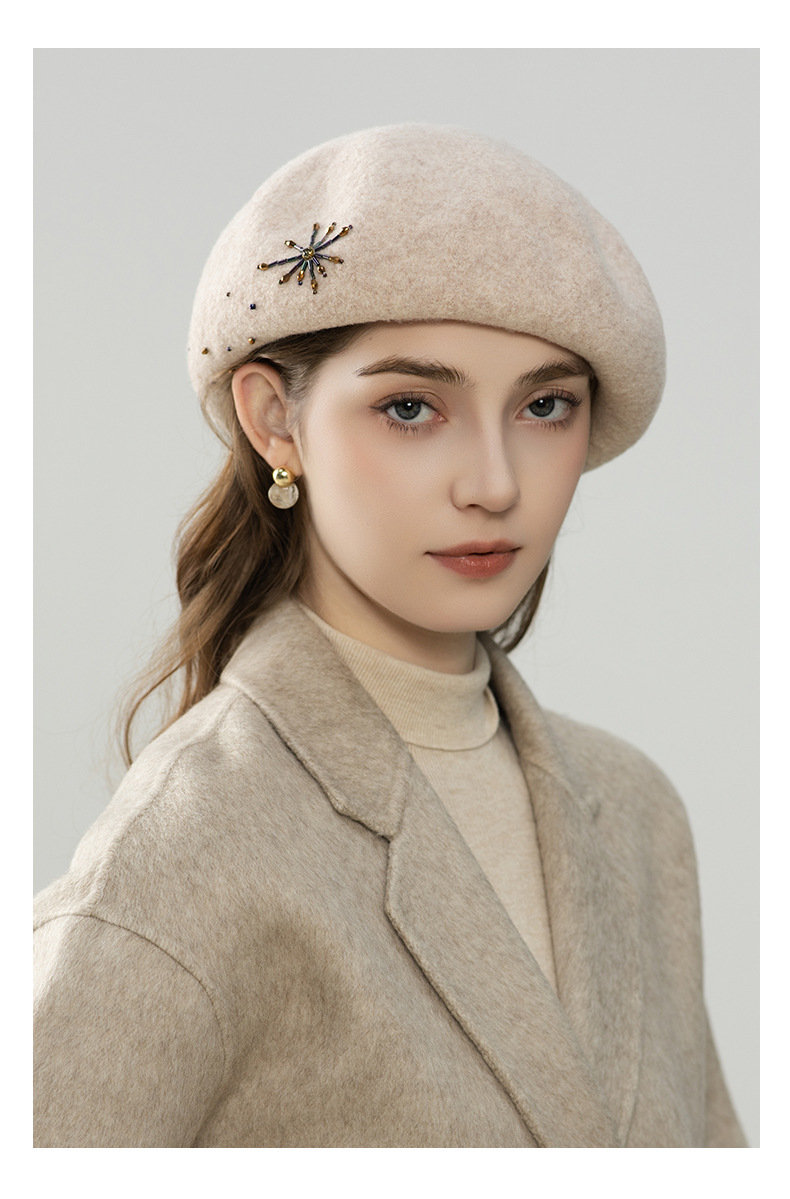 Mũ nồi beret nữ len nguyên chất mềm mại, phong cách thu đông, mặt hiển thị nhỏ — màu be chi tiết 5